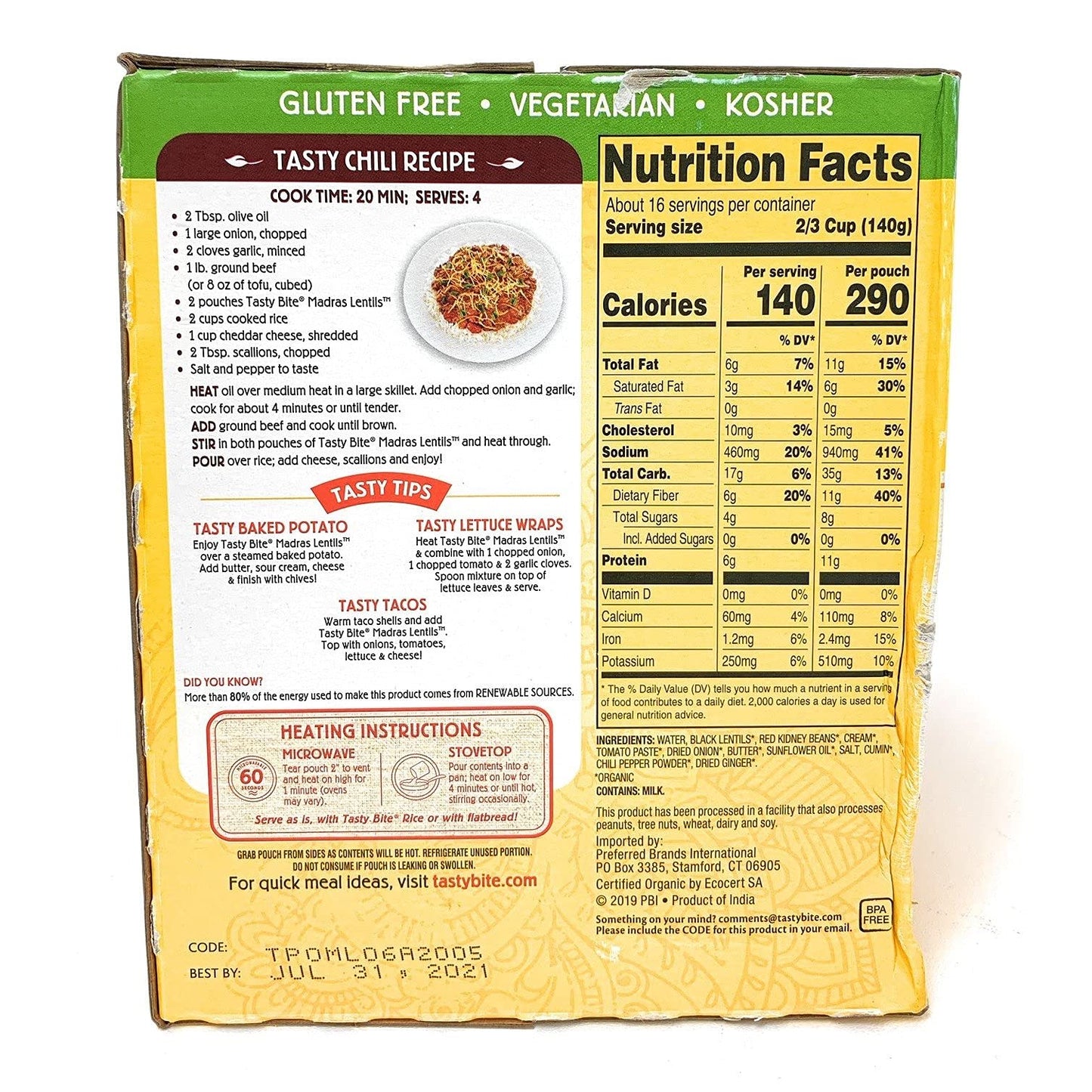 Madras Lentil Tasty Bite Organic Indian Madras Lentils10 Ounce (Pack Of 8)
