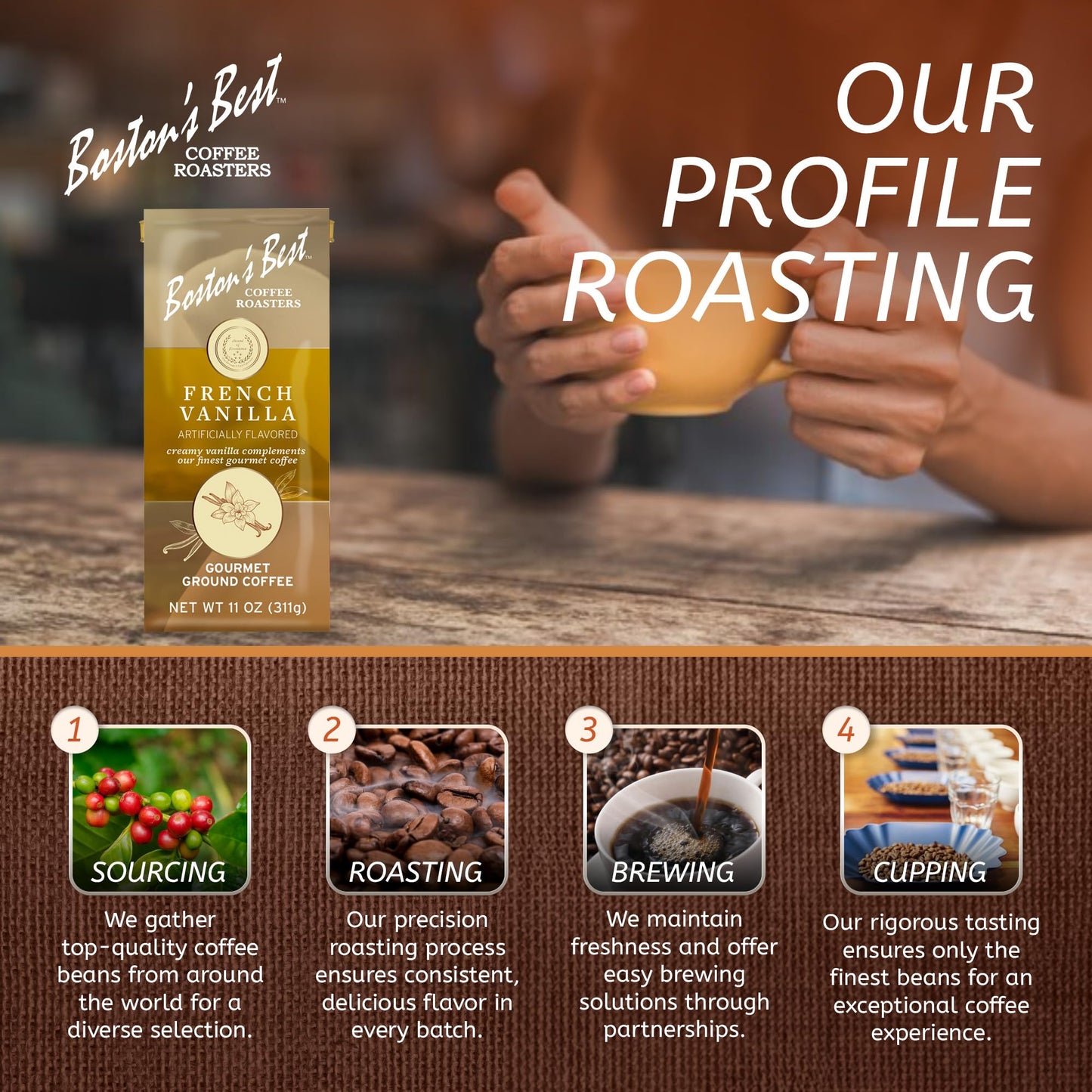 Bostons Best Coffee French Vanilla Gourmet Ground Coffee 11 oz Bag