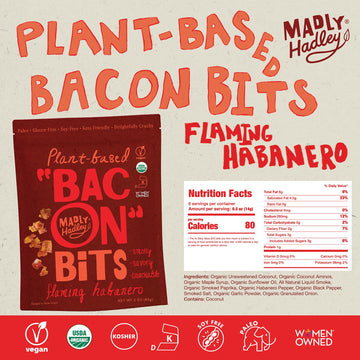 Madly Hadley Plant-Based Bacon Bits -Organic, Healthy Vegan Snack, Crunchy Topper, Keto-Friendly, Gluten-Free Topping For Salads