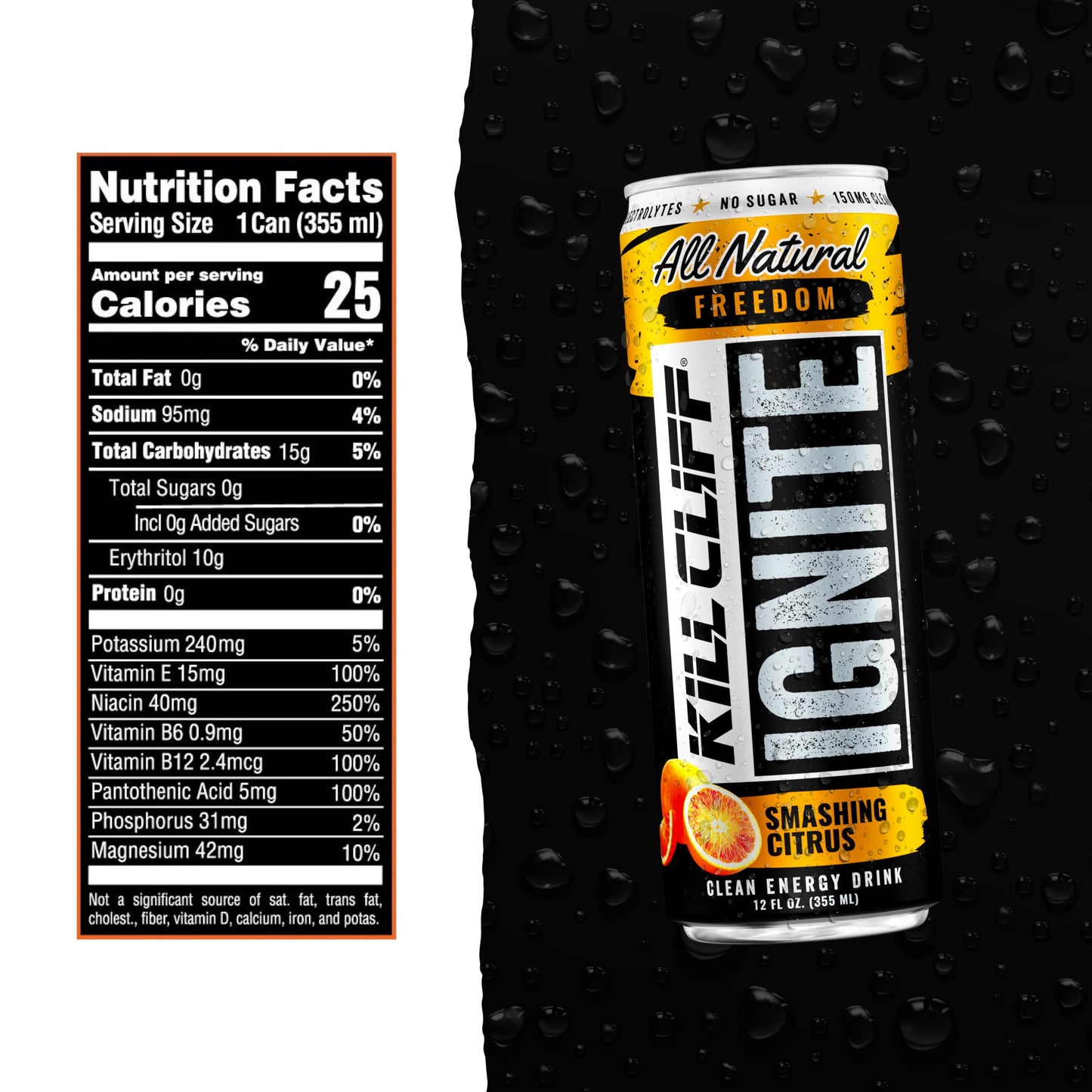 reduce Cliff Ignite Energy Drink, Sugar Free, Green Tea, B Vitamins, 12 Fl Oz, 12 Pack, Smashing Citrus, Orange