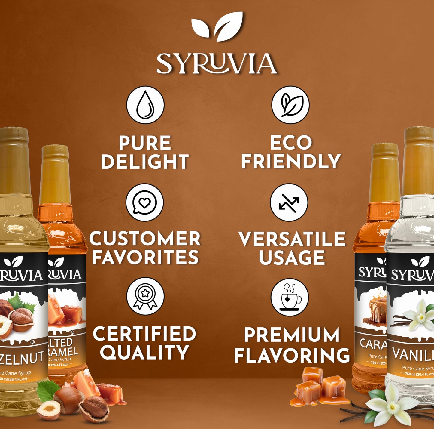 Syruvia Coffee Syrup Variety Pack Vanilla, Caramel, Hazelnut & Salted Caramel Kosher, 25.4 Fl Oz Bottles - Elevate Your Coffee E
