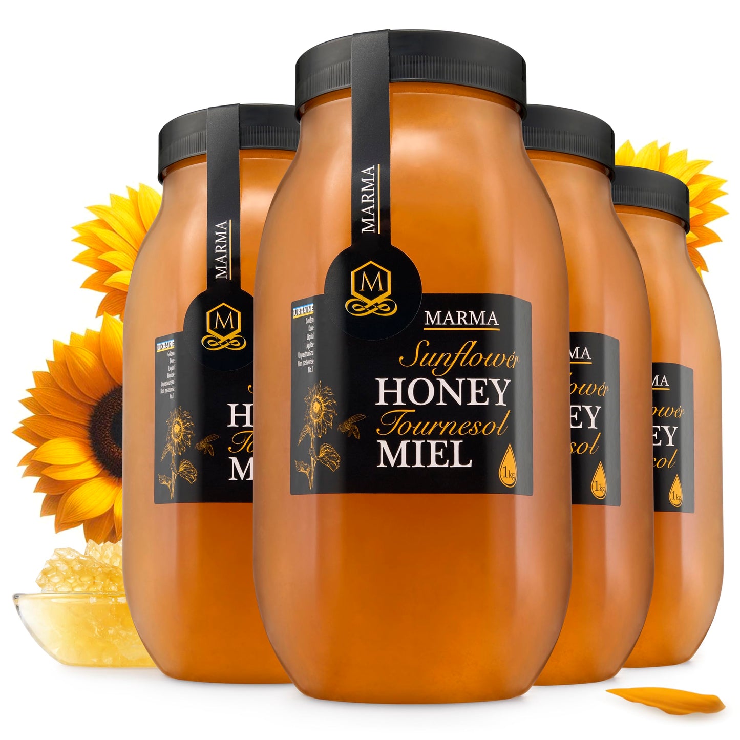 Honigma Marma Sunflower Honey | Authentic Raw Honey From Ukraine | 100% Pure Unpasteurized & Fully Crystallized | 1000G/35.2Oz | Naturally Solid Texture | Pack Of 4