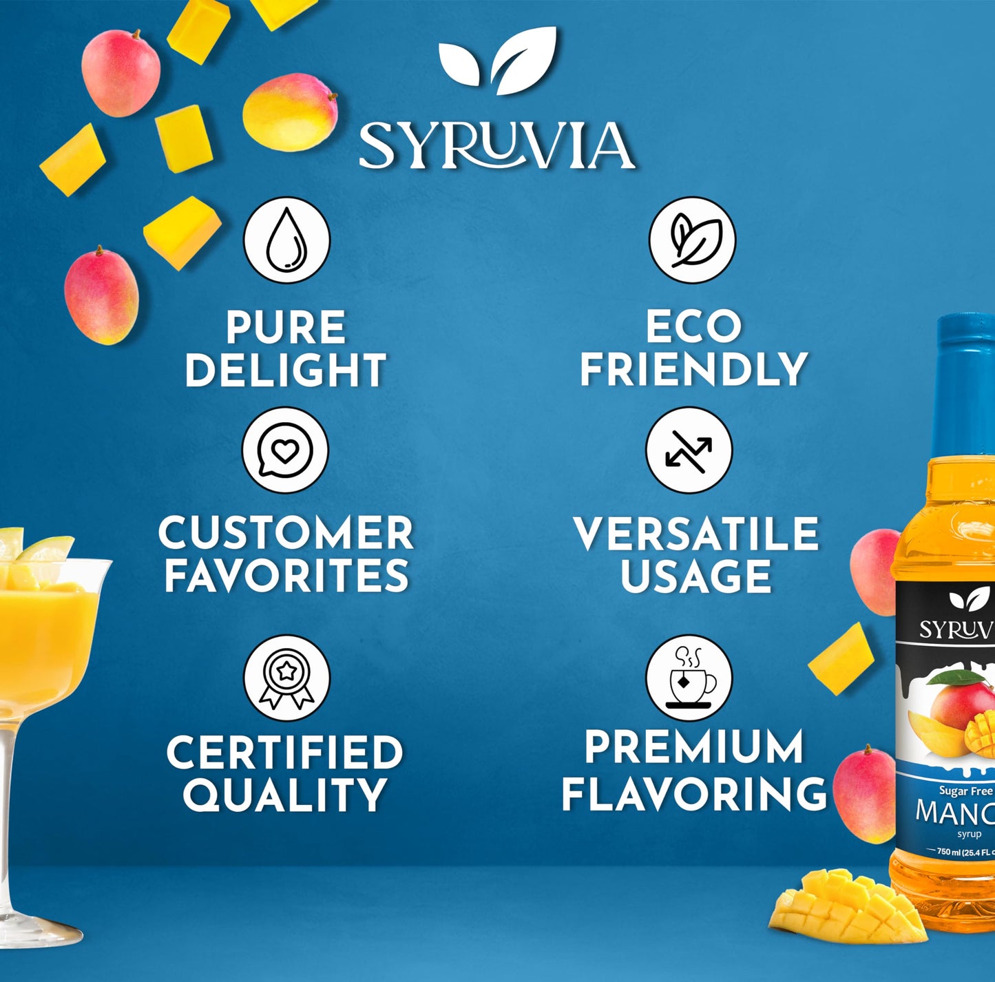 Syruvia Sugar Free Mango Syrup With Syrup Pump Dispenser - Mango Syrup Flavor, 25.4 Fl Oz - Perfect For Cocktails, Ice Tea, Dess