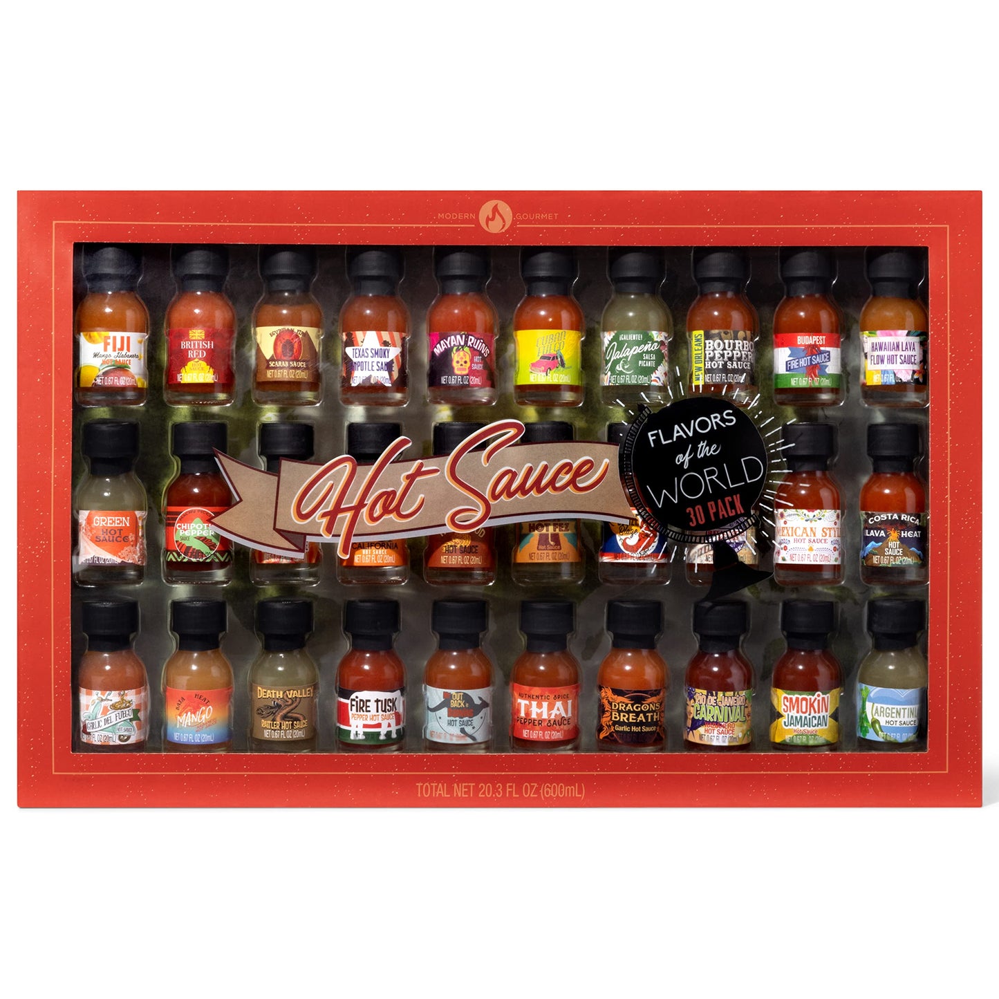Thoughtfully Gifts, Hot Sauce Flavors Of The World Variety Pack, Inspired From Journeys Across The Globe, Flavors Include Thai Pepper Sauce, Baja Heat Mango, Costa Rica Lava Heat, And More, Pack Of 30