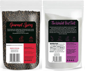Aromasong Organic Coarse Sea Salt & Black Peppercorn Grinder Combo Set, 2.43 LB Sea Salt & 12 OZ Grinder - Resealable Bag for Cooking & Baking