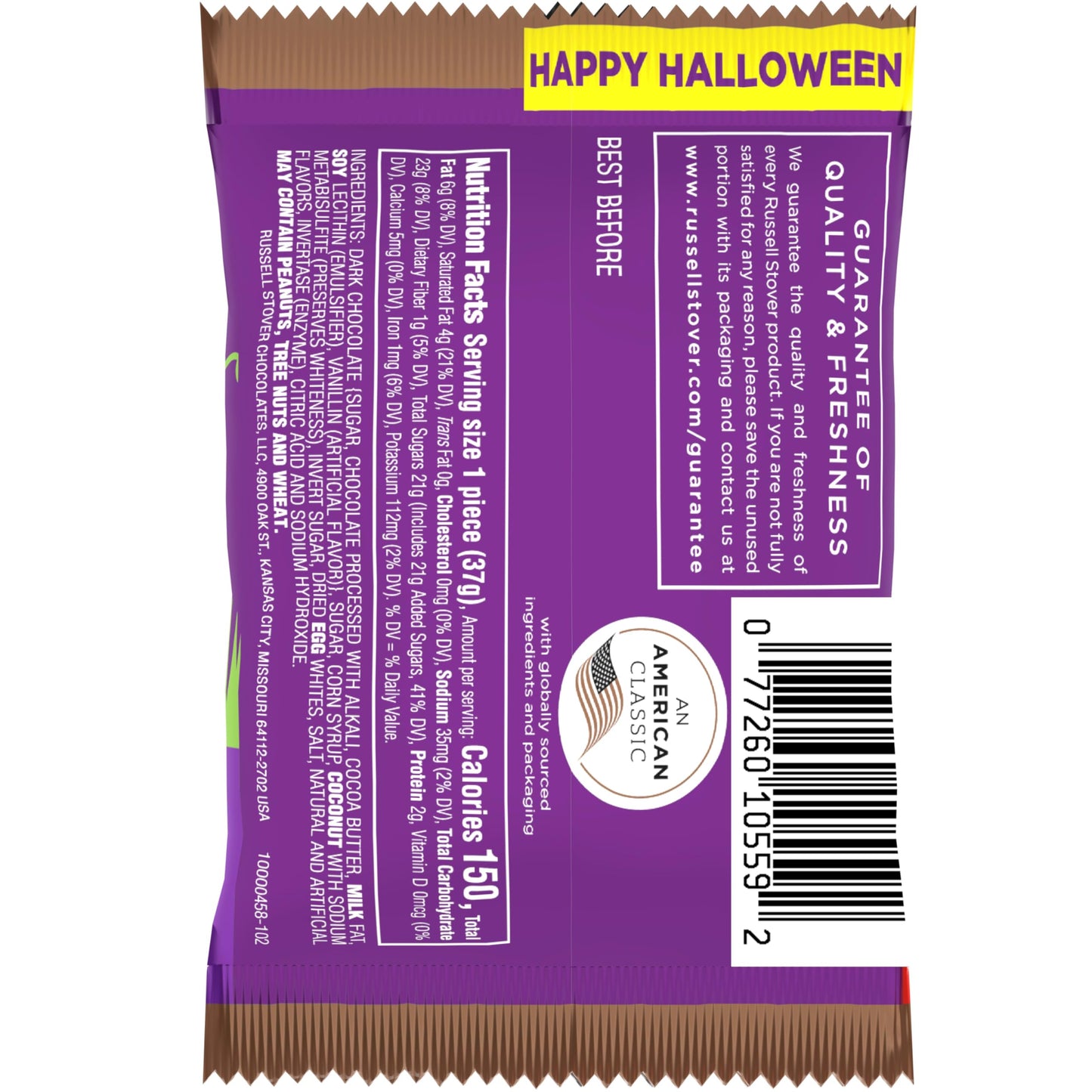 RUSSELL STOVER Halloween Dark Chocolate Coconut Crme Candy Pumpkin, 1.3 oz. (Pack of 18)