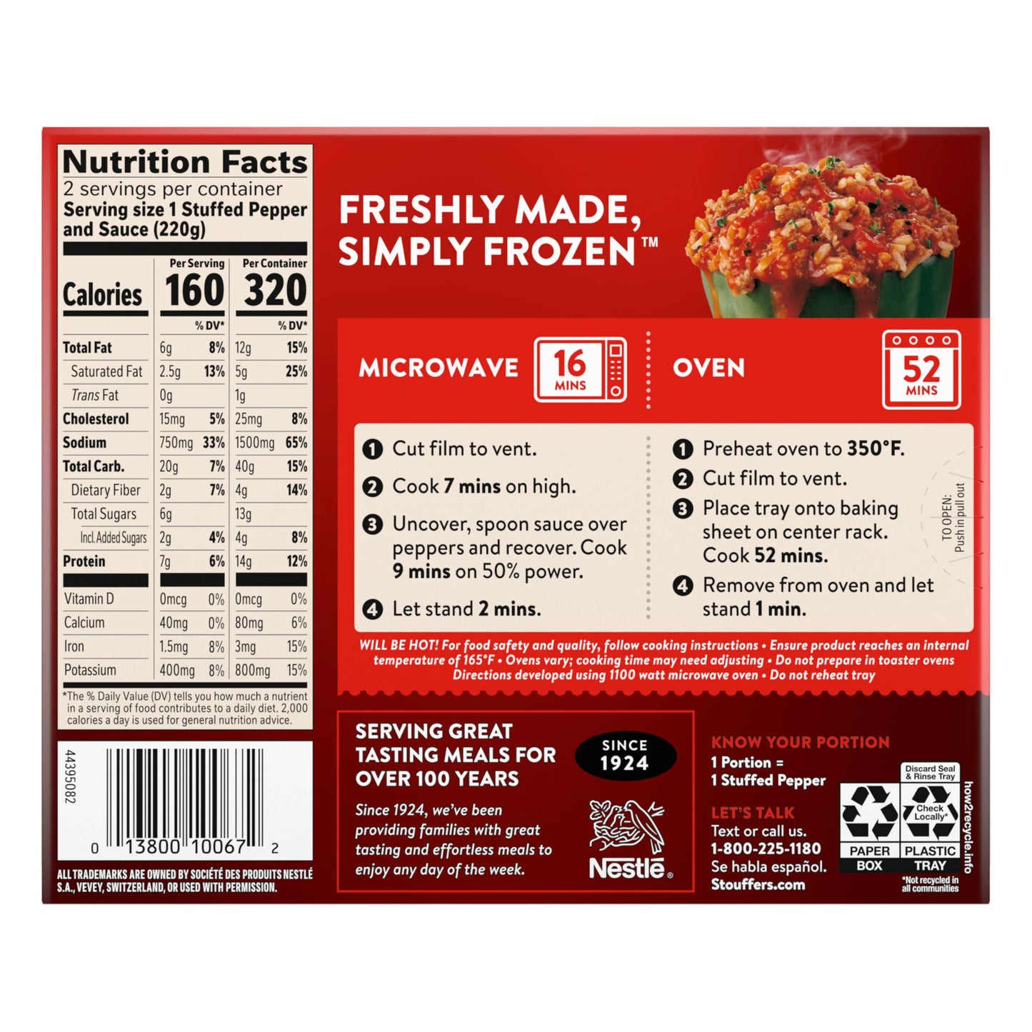 Stouffers Stuffed Peppers, Large Size Frozen Meal, Meals-entrees, Beef, 15.5 Oz