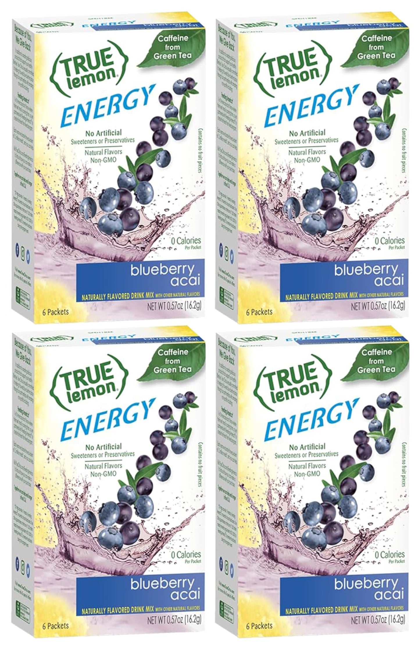 TrueLemon Energy Drink Blueberry Acai, 13.68 oz, Pack of 24 (4 boxes of 6)