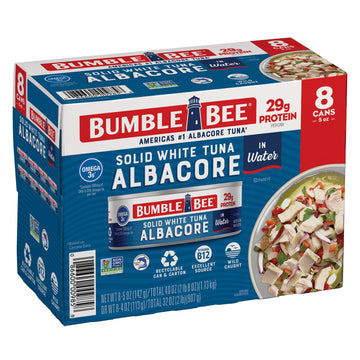 Bumble Bee Solid White Albacore Tuna In Water 5 Oz Can (Pack Of 8) - Wild Caught Tuna - 29G Protein Per Serving - Non-Gmo Project Verified Gluten Free Kosher - Great For Tuna Salad & Recipes