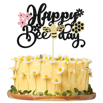 1 Pack Happy Bee Day Cake Topper Glitter Bumble Bee Theme Cake Pick Decorations For Baby Shower Kids Birthday Party Supplies Bla