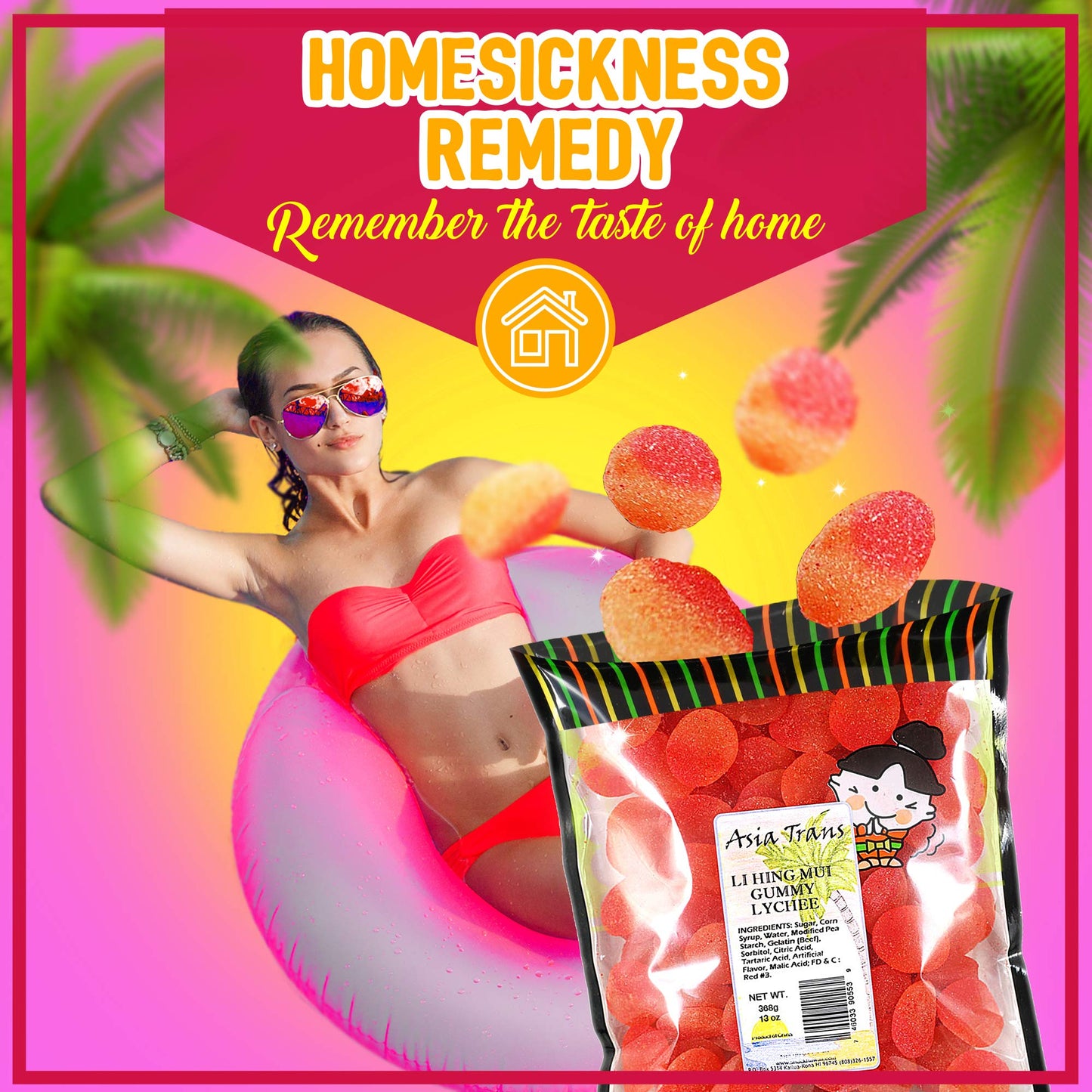 Asia Trans Lychee Gummies with Li Hing Mui Powder | Sweet & Sour Soft Candy | 13 Ounce Pack