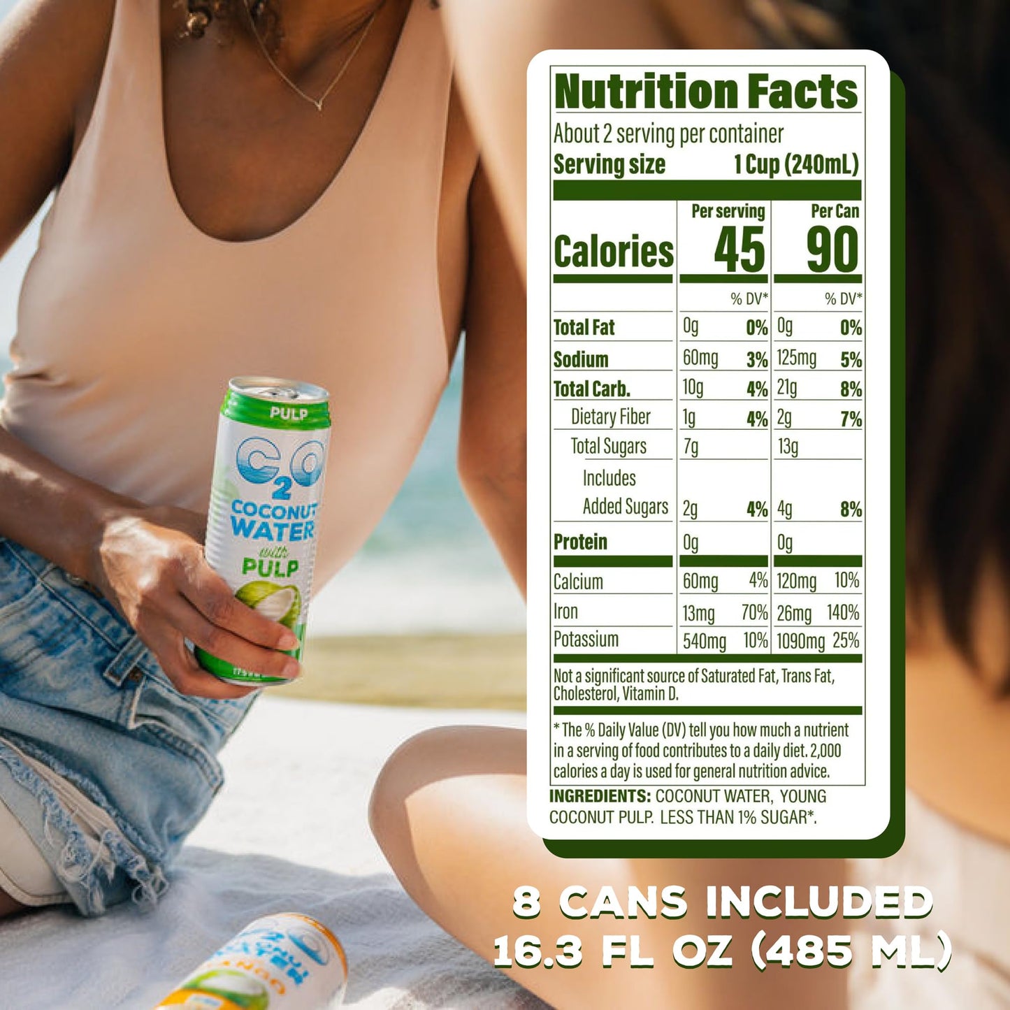 C2O - Coconut Water with Pulp (8 Pack) - Made with Fresh Coconut Water, 100% Fruit Juice - Plant Based, Non GMO, Canned Water -