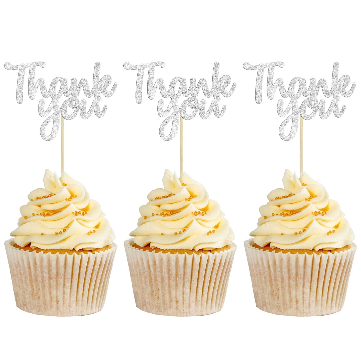 Gyufise 36 Pack Thank You Cupcake Toppers Silver Glitter Thanksgiving Cupcake Picks Decorations For Baby Shower Boys Girls Birthday Party Supplies