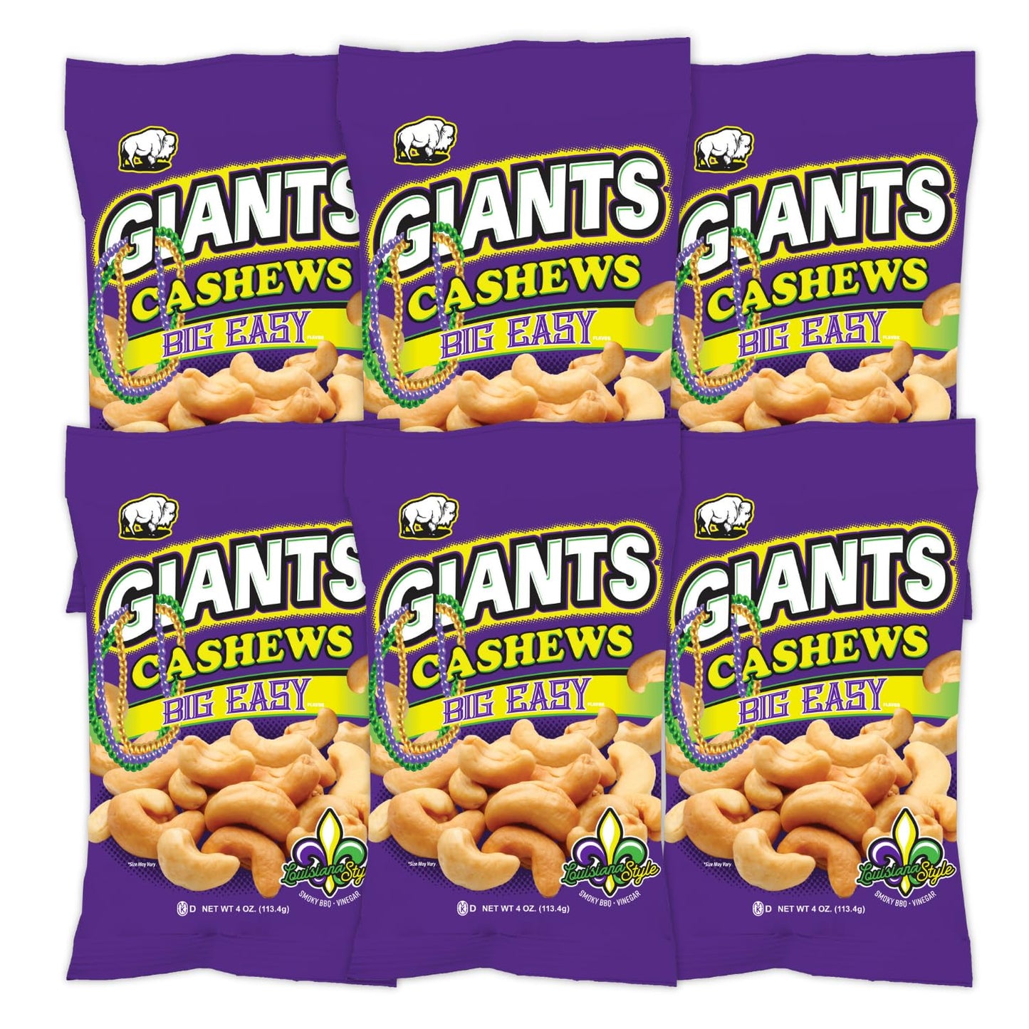 Giants Big Easy Cashews - Cashew Nuts Roasted Lightly Salted Individual Packs Snack Bags Smoky Bbq & Vinegar Dry Roasted High In Protein - 4 Oz Bags (Pack Of 6)