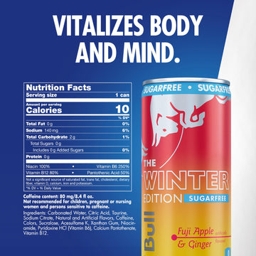 Red Bull Sugar-Free Fuji Apple and Ginger Winter Edition Energy Drink with 80mg Caffeine plus Taurine & B Vitamins 8.4 Fl Oz Pack of 24 Cans