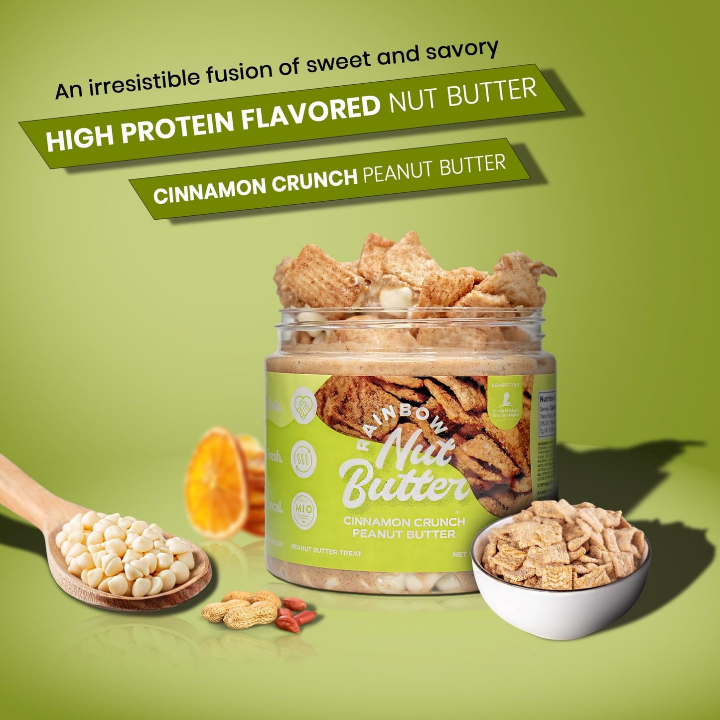 Rainbow Nut Butter, Cinnamon Crunch Peanut Butter, Spread, Treat, Snack, Dessert, White Chocolate Chips, Chips, Cinnamon Cereal,