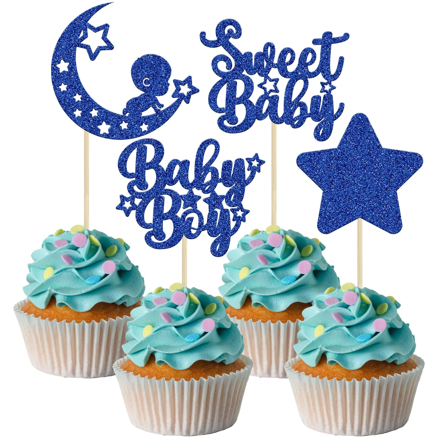 Gyufise 24Pcs Baby Shower Boy Cupcake Toppers Glitter Star Moon Sweet Baby Boy Cupcake Picks Baby Shower Boys Birthday Party Cake Decorations Supplies Deep Blue