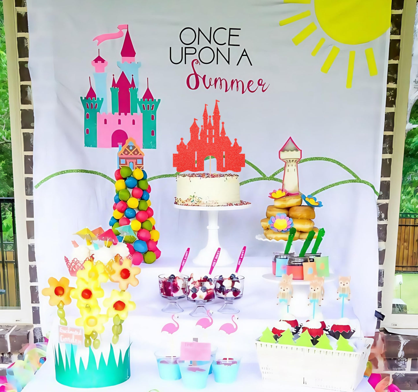EONNCNT Castle Cake Topper - Red Glitter Cardboard Decoration for Birthday Parties and Baby Showers