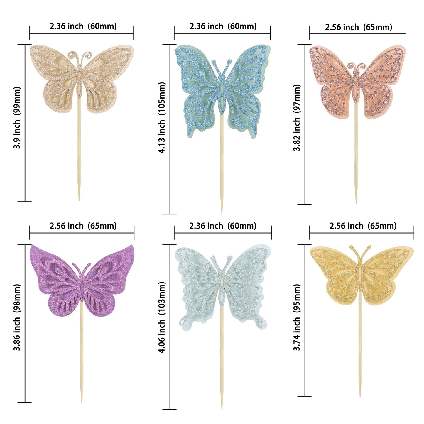 Gyufise 24Pcs Hollow 3D Butterfly Cupcake Toppers Multicolor Glitter Double Layer Butterfly Cupcake Picks Decoration For Butterf