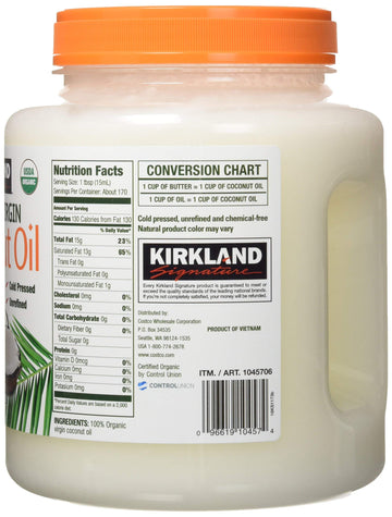 Kirkland Signature Cold Pressed Unrefined Organic Virgin Coconut Oil, 84 Ounce (Pack Of 2)