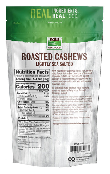 NOW Foods, Cashews, Roasted and Salted, Rich Buttery Flavor, Source of Protein and Healthy Fatty Acids, Certified Non-GMO, 10-Ou