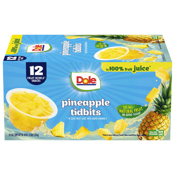 Dole Pineapple Tidbits In 100% Juice^ - Dole Fruit Bowls Snacks - 4 Oz Fruit Bowls - 12 Pack