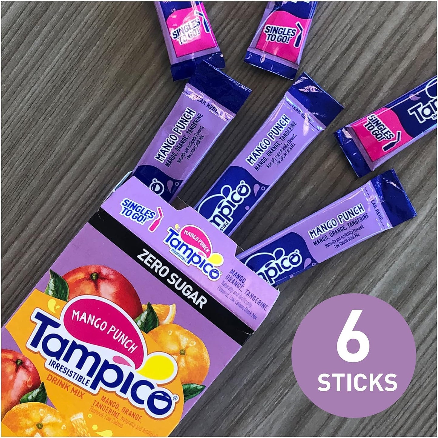 SINGLES TO GO! Mango Punch Drink Mix Packets, Zero Sugar, Low Calorie, 6 Count, 0.69 Ounce (Pack of 6)