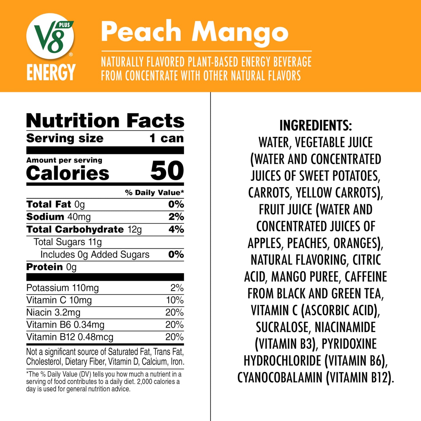 V8 Peach Mango Energy Drink, 8 Fl Oz Can, Pack of 24, Made with Real Juices
