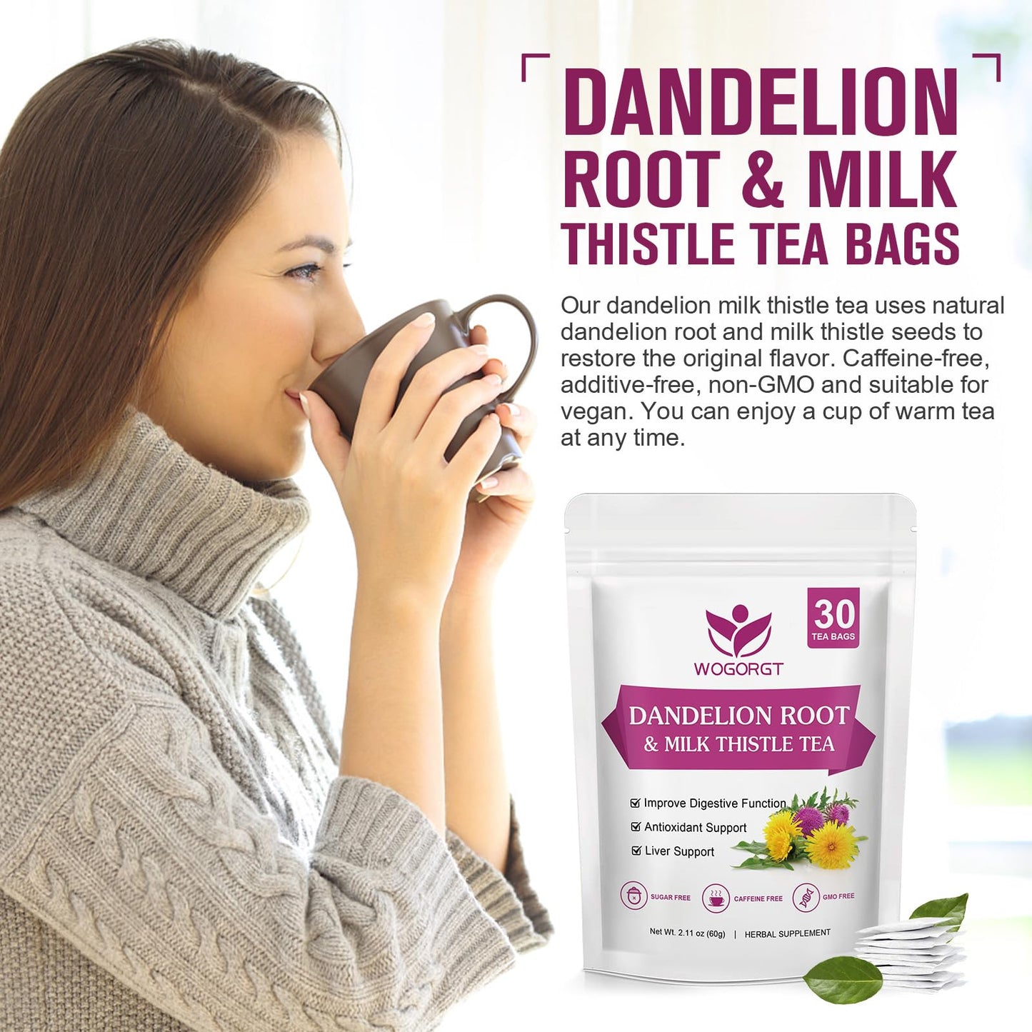 WOGORGT Dried Dandelion Root and Milk Thistle Herbal Tea Bags - Caffeine Free, 30 Count