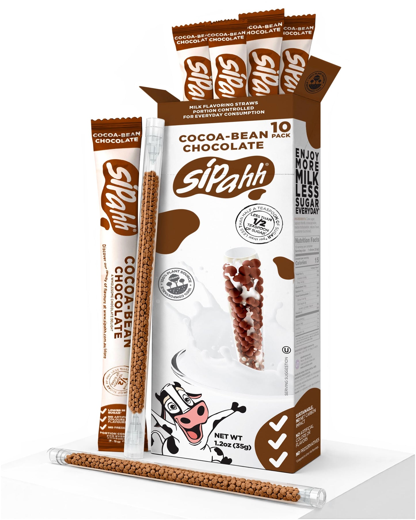 Sipahh Chocolate Milk Flavoring Straws - 10 Pack - Cocoa Bean Chocolate Milk Straws for Kids - Low Sugar Fun School Lunch Drink