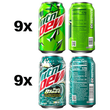Mountain Dew Soda, 2 Flavor Baja Blast Variety Pack (Baja Blast, Original Dew), 12 Fl Oz Cans (Pack Of 18)