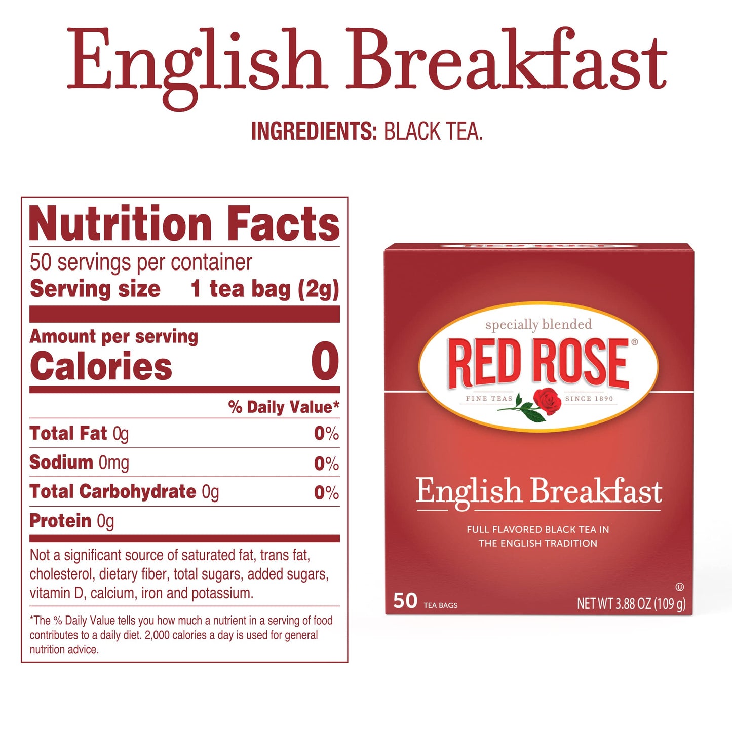 Red Rose English Breakfast Tea, Strong Robust Black Tea, 50 Individually Wrapped Bags, Pack of 6, Contains Caffeine, Red