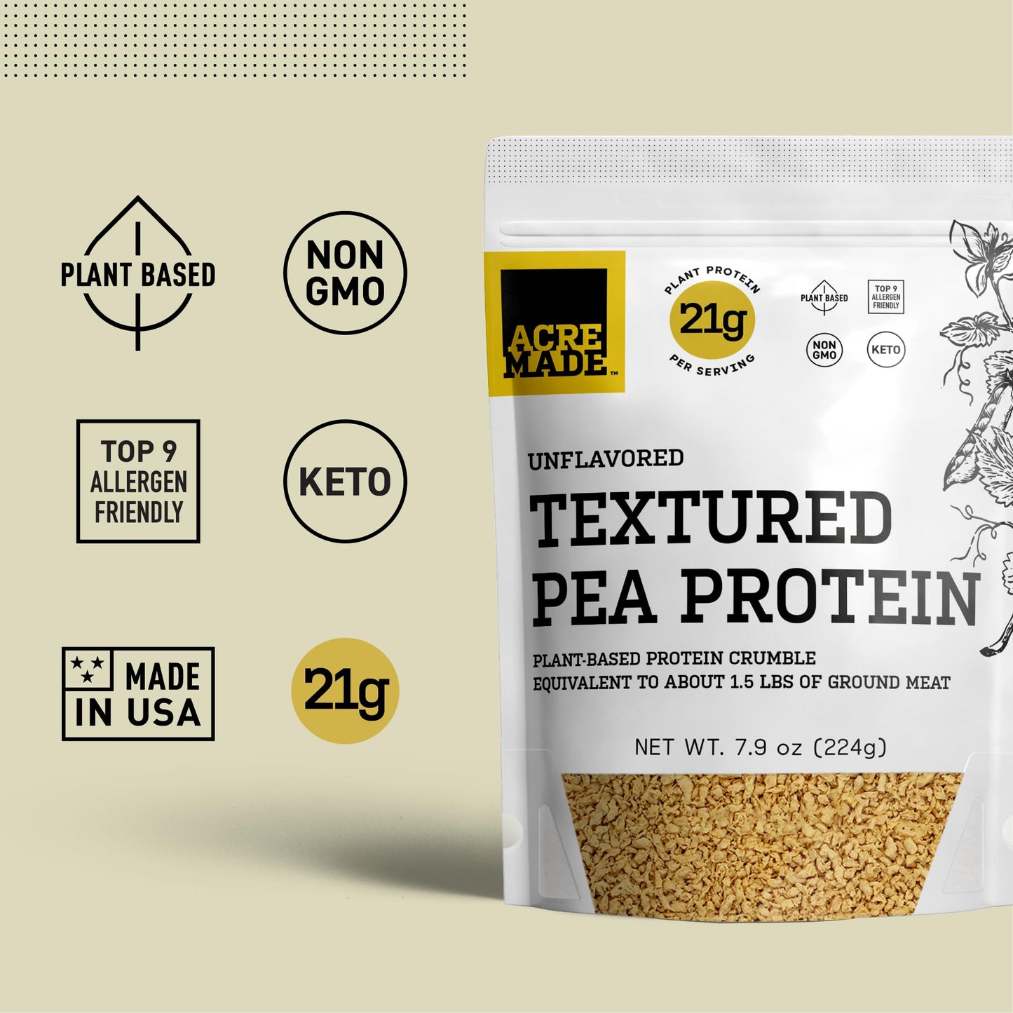 Acremade Textured Pea Protein, Unflavored Meatless Crumbles, Soy Free, Shelf-Stable, Gluten Free, 21G Of Protein, Plant-Based Ve