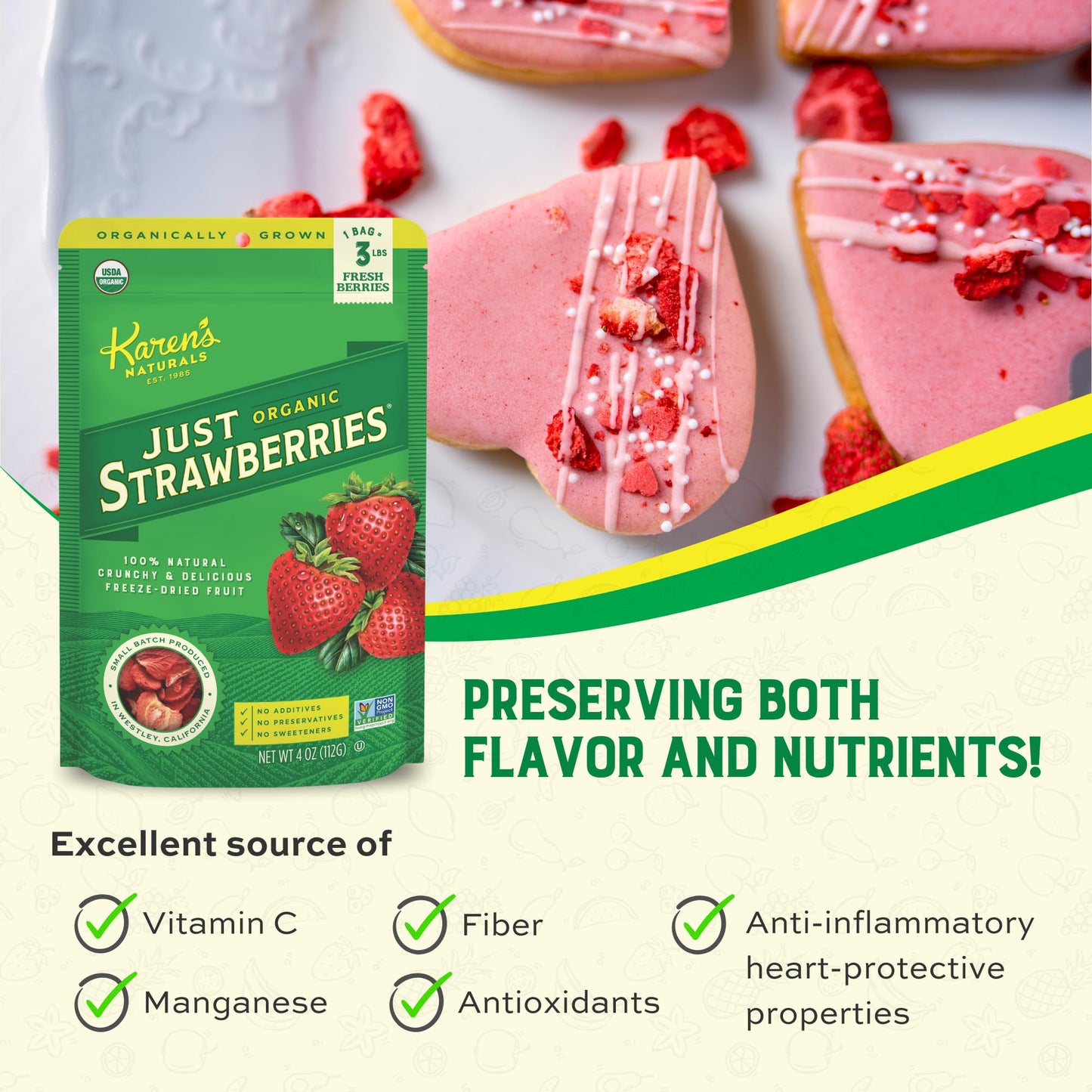 Karen'S Naturals Organic Freeze-Dried Strawberries, 4Oz, Pack Of 2 - Crunchy, Flavor Packed Freeze Dried Fruit Snack, Organic St