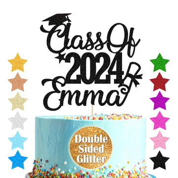 Personalized Cake Topper Custom Congrats Graduation Hat Student Class Of 2024 Double Sided Glitter Card Black