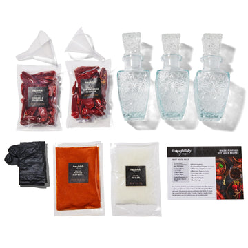 Thoughtfully Gourmet spirit-inspired flavor Infused Hot Sauce DIY Gift Set - 11 Piece Set with Decanters, Recipe Book, Gloves, and Seasonings