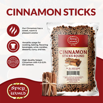 Spicy World Cinnamon Sticks 14 Oz Bag ~100 Sticks - Strong Aroma, Perfect For Baking, Cooking & Beverages - 3+ Inches Length - Cassia Saigon Cinnamon From Vietnam