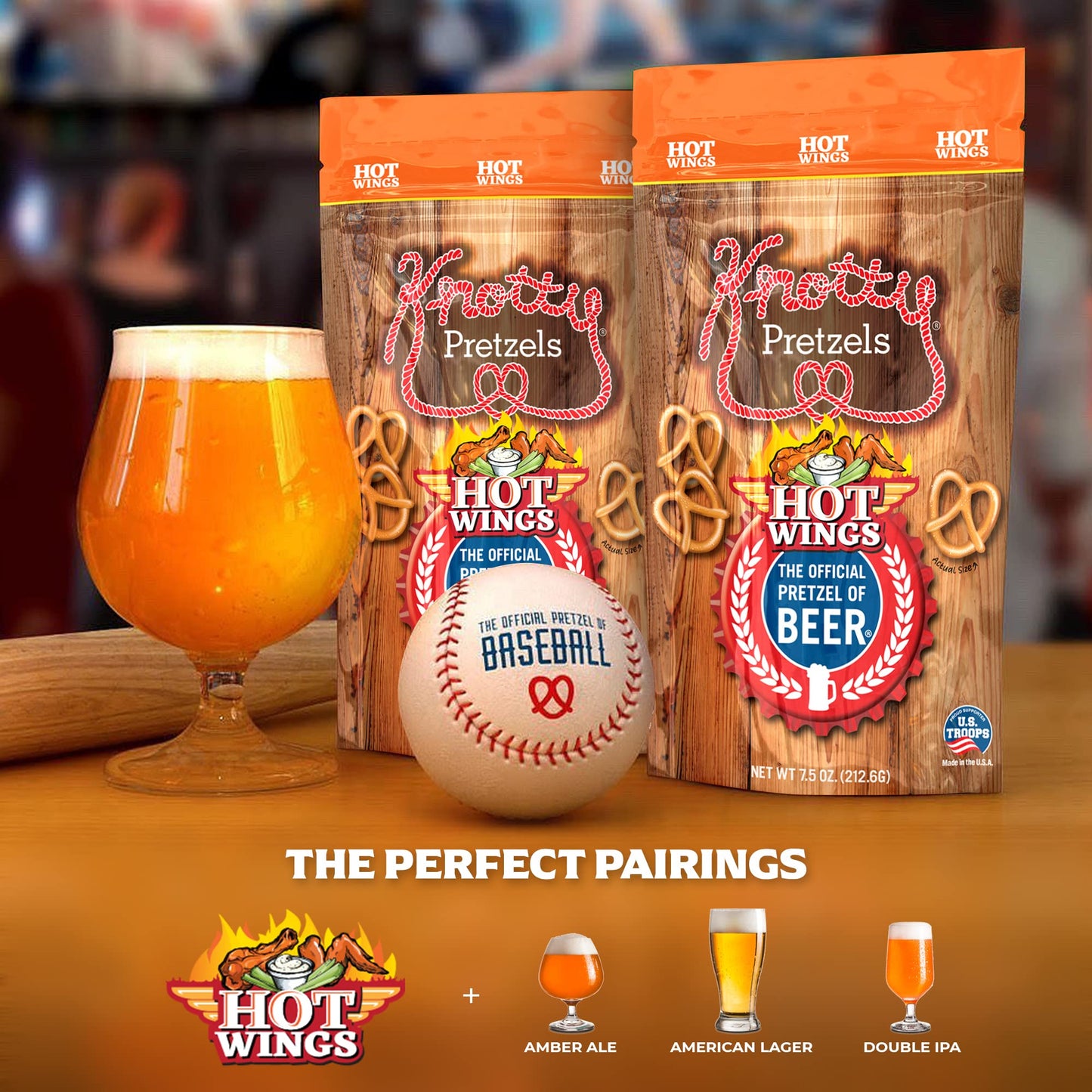 Knotty Pretzels Seasoned Pretzels, Hot Wings Flavor, 7.5 oz Individual Bags, 3-Pack