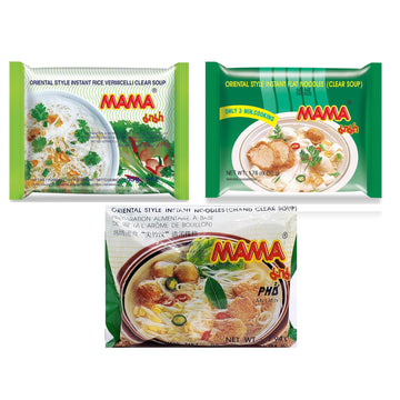 Mama Oriental Style Instant Noodles Mix Flavor Bundle Package Total 30 Packs (3 Flavor Clear Soup Mix (Flat Noodle, Rice Vermice