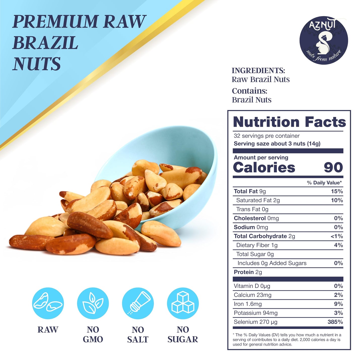 Aznut Brazil Nuts, Compare To Organic, Raw Shelled, Gluten Free And Vegan, 100% Natural Premium Quality Super Food, Fresh And Crunchy, Kosher Certified (Raw, 2 Lb)