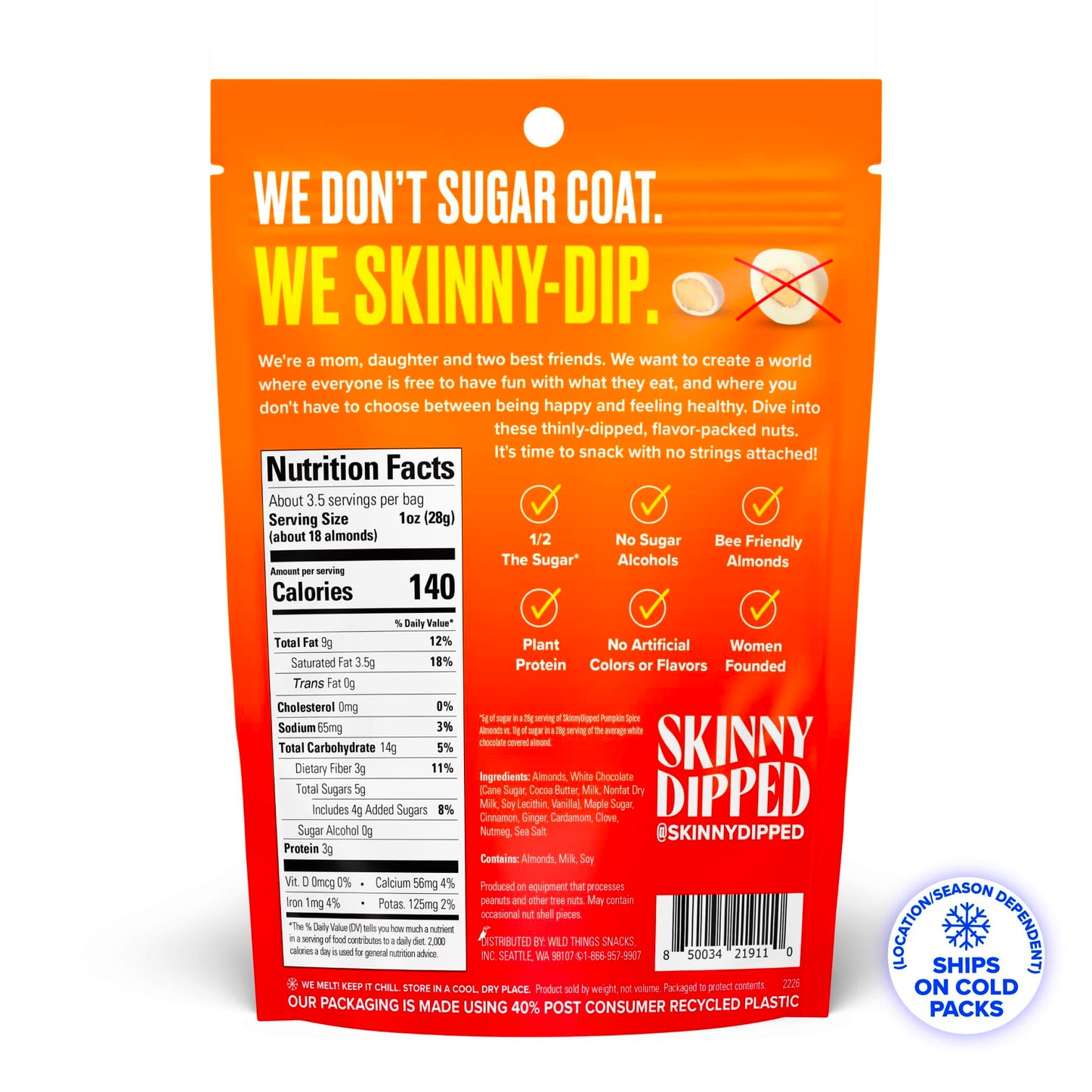 Skinnydipped Pumpkin Spice Almonds, Healthy Snack, Plant Protein, Gluten Free, 3.5 Oz Resealable Bags, Pack Of 5