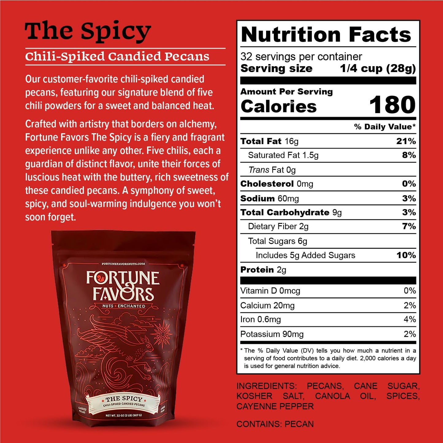 Fortune Favors Candied Pecans, Sweet And Salty Snack, Hand Crafted In Small Batches, Usa-Grown (32Oz, Spicy)
