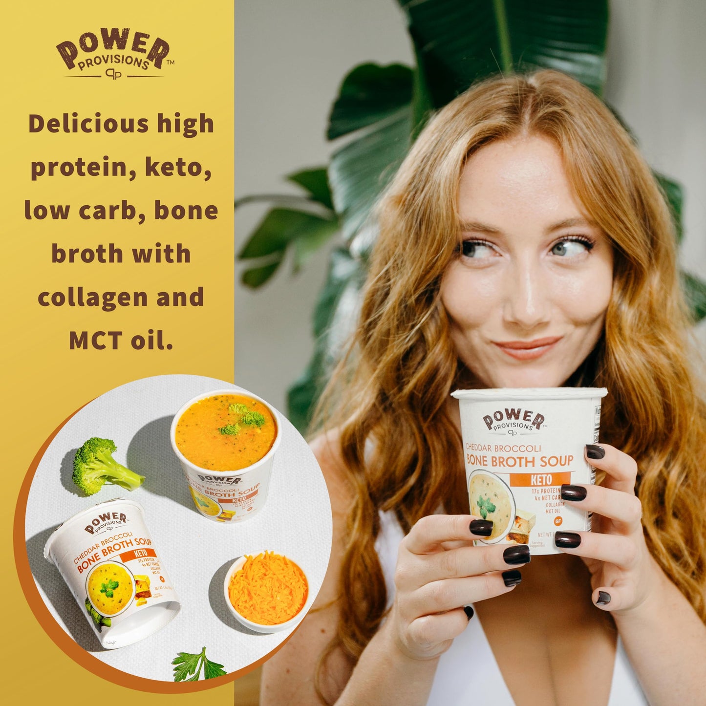 Power Provisions Cheddar Broccoli Bone Broth Soup Cups - Keto Instant Soup Cup - Collagen Infused With 17G Of Protein - Gluten-Free Soup - 1.4 Oz. - Pack Of 6