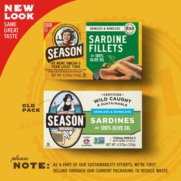 SEASON Sardines in Olive Oil, Wild Caught, Skinless & Boneless, 4.375 oz Tin, 12-Pack