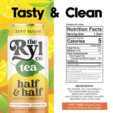Ryl Iced Tea, Half & Half, Antioxidant Superblend, Zero Sugar, Low Carb, Low Calorie Iced Tea, 16.0 Fl Oz (12-Pack)