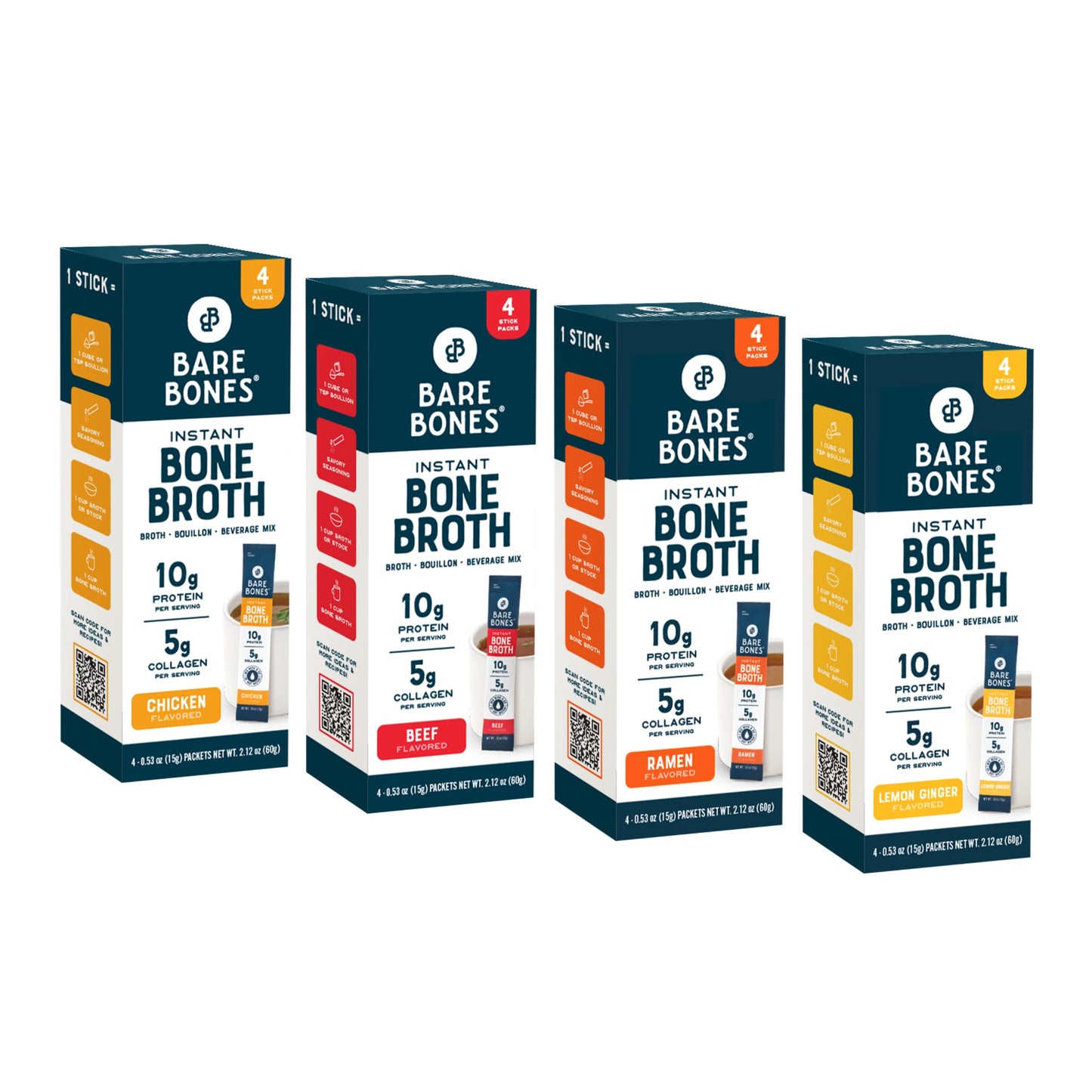 Bare Bones Bone Broth Instant Powdered Mix | 4 Beef 4 Chicken 4 Ramen 4 Lemon Ginger | Non-GMO Gluten-Free Dairy-Free Keto & Pal