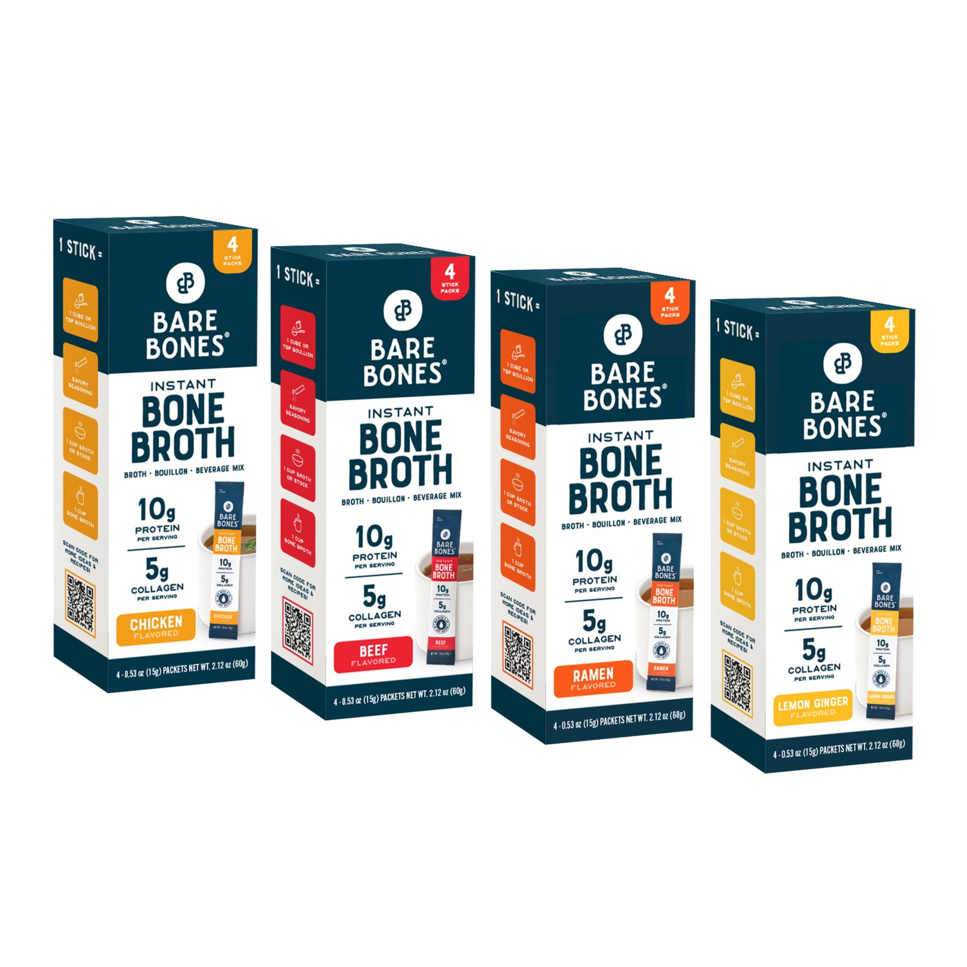 Bare Bones Bone Broth Instant Powdered Mix | 4 Beef 4 Chicken 4 Ramen 4 Lemon Ginger | Non-GMO Gluten-Free Dairy-Free Keto & Pal
