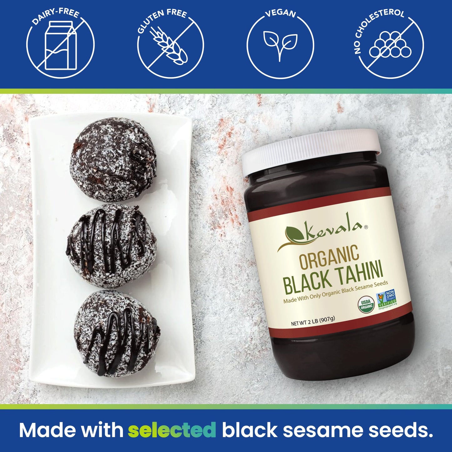 Kevala Organic Black Tahini – Gluten Free , Black Sesame Seeds Paste , Usda Organic Certified , Vegan, Kosher , Cream Spread , Sauce , 2 Lb , 32 Oz