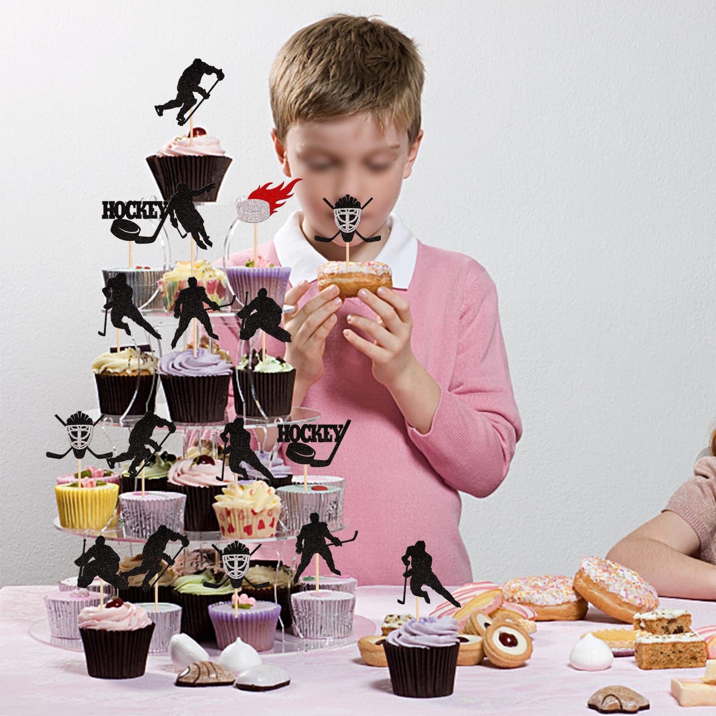 24 Pcs Hockey Cupcake Toppers Black Glitter Hockey Players Cupcake Picks Ice Hockey Sports Theme Baby Shower Kids Boys Girls Bir