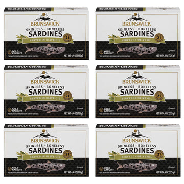 Brunswick Wild Caught Skinless And Boneless Sardines, Served In Olive Oil, 4.4 Ounce (Pack Of 6)